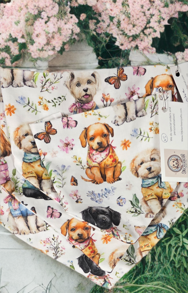 Flowers and puppies scrunchie bandana